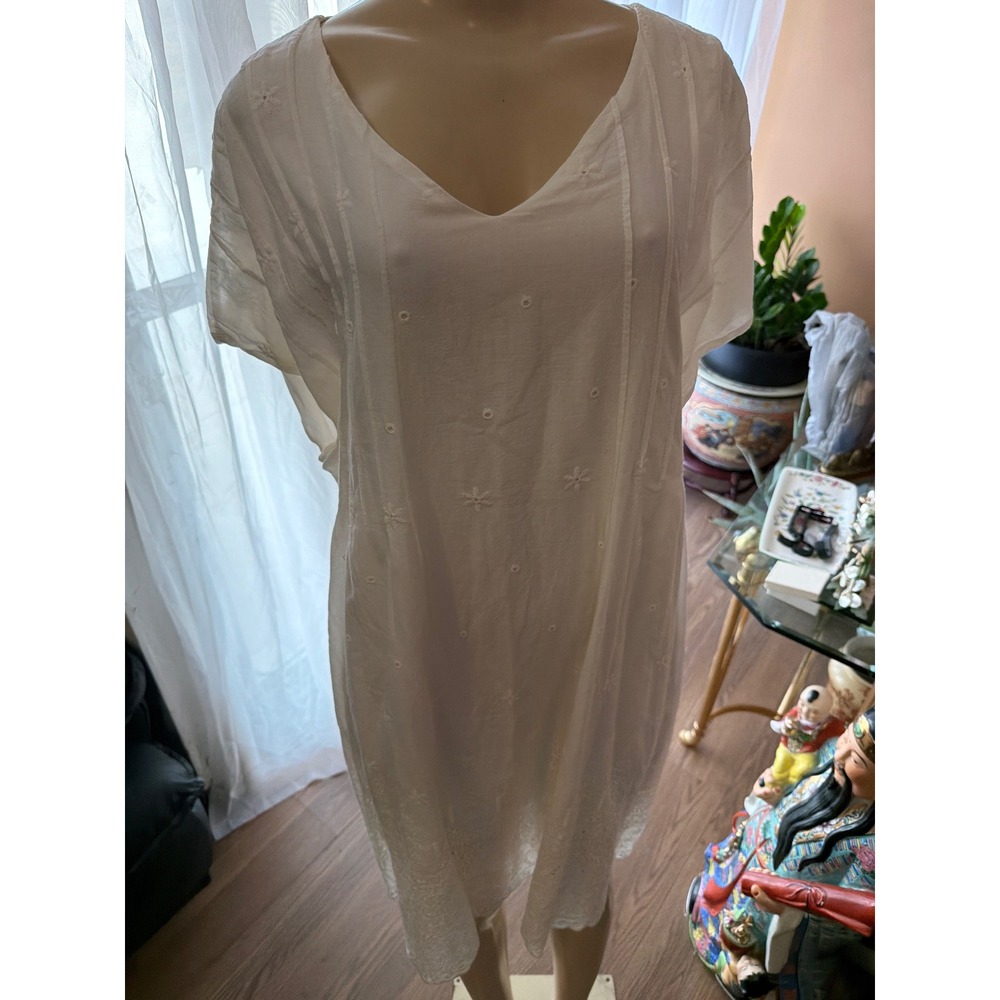 White Eyelet Embroidered Pintuck V-Neck Shift Dress Short Sleeve XXL‎ EU 52 F 20